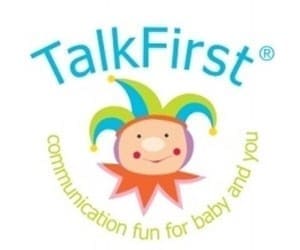 Logo with the words "TalkFirst" above a smiling jester face; text below reads "communication fun for baby and you." Jo Williamson, your local TalkFirst Franchisee, brings joyful learning to families.