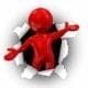 A red person working out of a hole in a piece of paper.