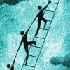 A group of people climbing up a ladder, balancing their careers and work-life.