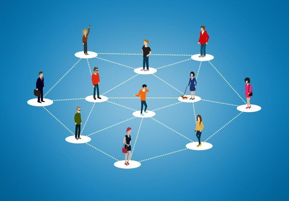 Illustration of people standing on separate circles connected by dotted lines, representing networking and building networks in a social or professional setting on a blue background.