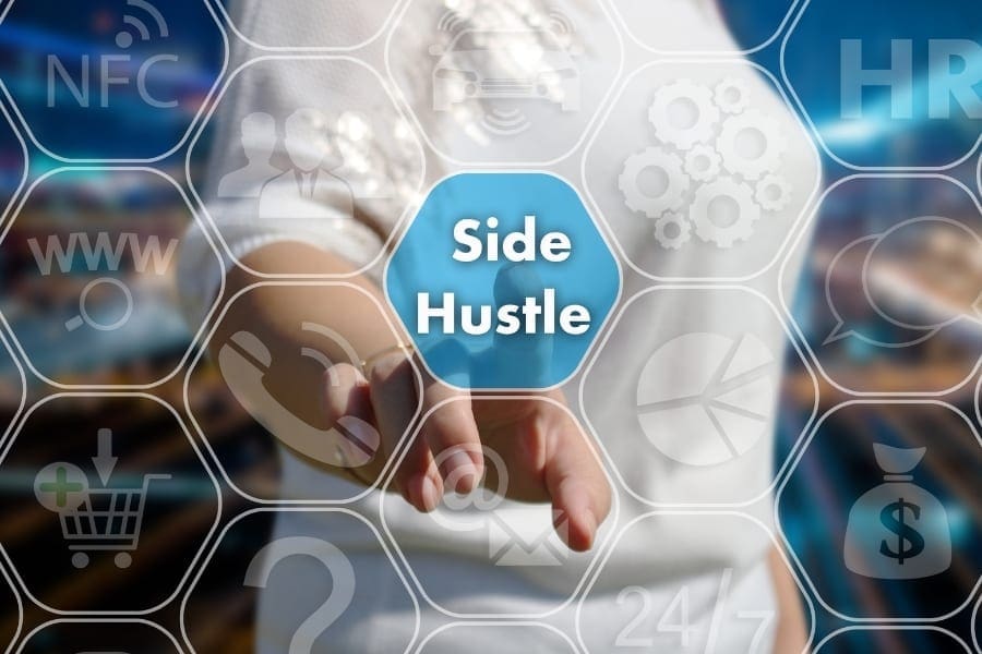 A career-oriented woman is holding a button with the word side hustle on it.