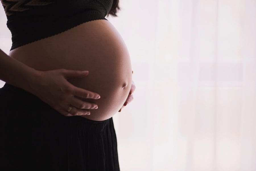 A pregnant woman in front of a window.