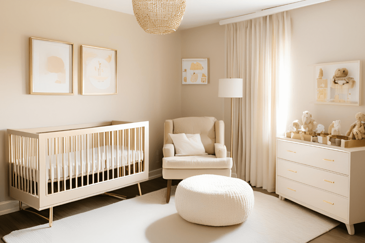A neutral-toned nursery with a crib, armchair, ottoman, dresser with stuffed animals, framed wall art, and soft natural lighting.