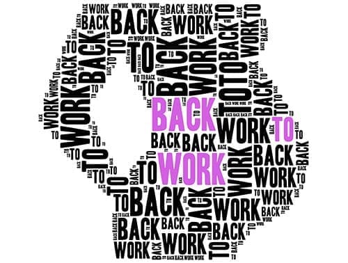 Word collage shaped like two hands shaking, with the phrases "BACK TO WORK" and "WORK BACK TO" repeated in black and purple text.