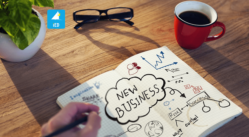 Hand writing notes on a notebook labeled "New Business" with sketches of graphs, charts, and icons; coffee cup, glasses, and plant on wooden desk.