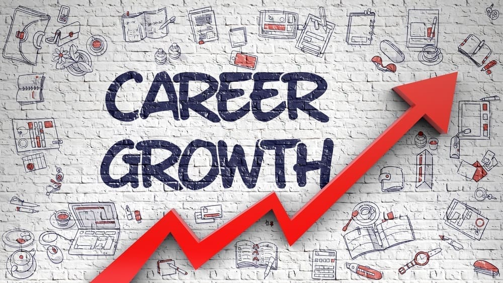 Red upward arrow over the words "Career Growth" on a white brick wall, surrounded by hand-drawn business and office-related icons.