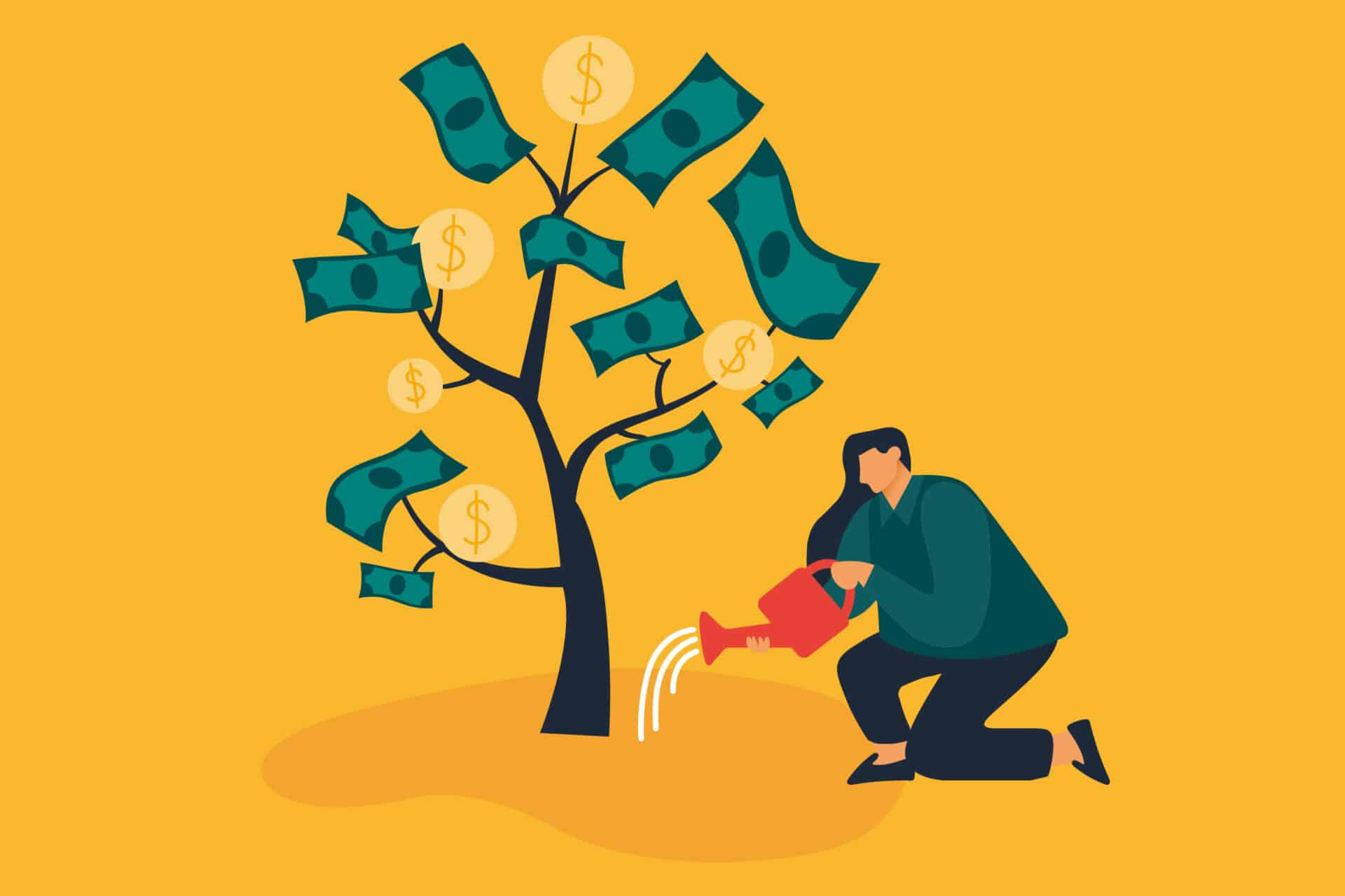 Illustration of a person watering a tree with money and coins growing on its branches, symbolizing financial growth or investment.