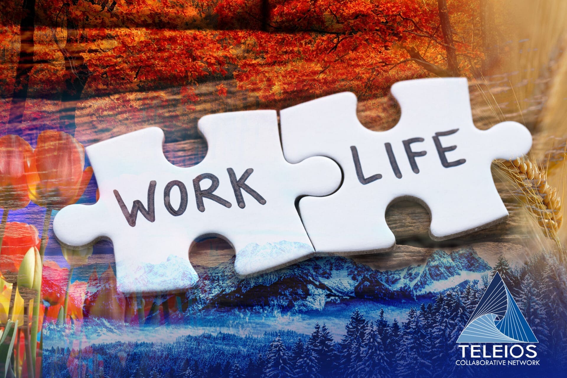 Two puzzle pieces labeled "WORK" and "LIFE" are joined together, set against a colorful nature-themed background with the Teleios Collaborative Network logo in the corner.